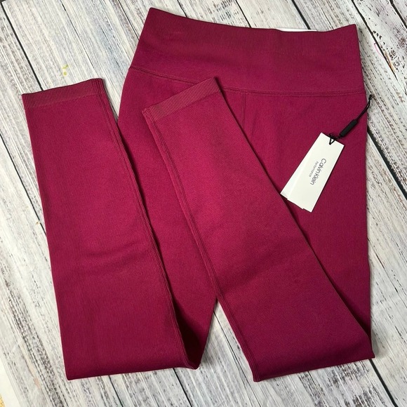 Calvin Klein Performance Maroon Thin Rib High Waist 7/8 Length Tight Sm NWT - Picture 1 of 3